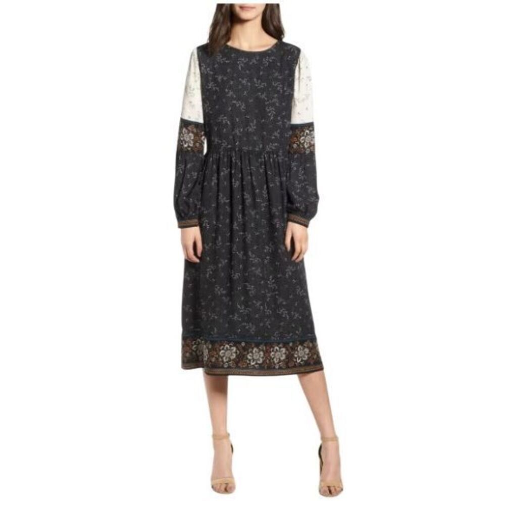Hinge Nordstrom Midi Dress Black Long Sleeve Peasant Size L Prairie, Dark Boho